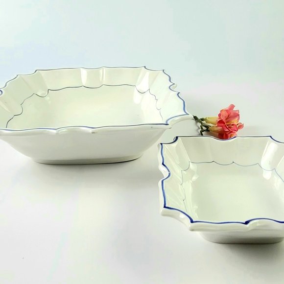 Vintage- 2 Pieces - Italian Ivory/White with Blue Highlights Square Bowls Set